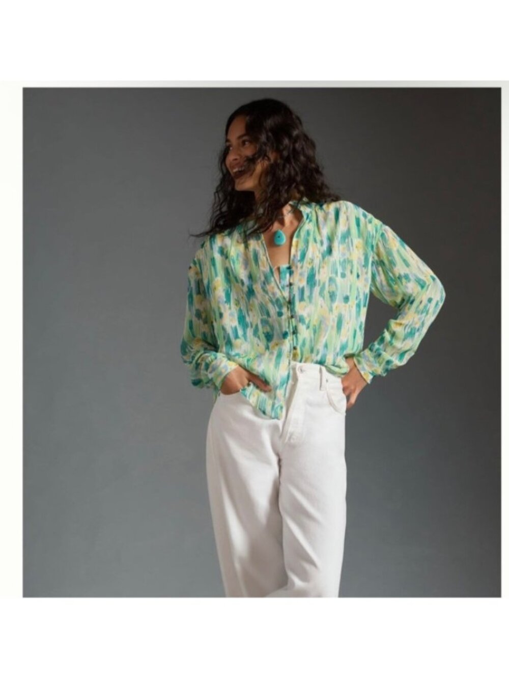 Pilcro Anthropologie Tavi Green Buttoned Blouse Shirt Top SMALL Long Sleeve